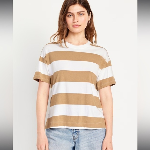 Old Navy Women’s Crew Neck 3X Shirt Tan White Striped 100% Cotton Contemporary - Picture 1 of 14